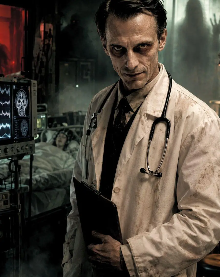 Dr. Frederick Darling in his sleep lab. A patient sleeps behind him, and a shadow presses a hand against the glass.